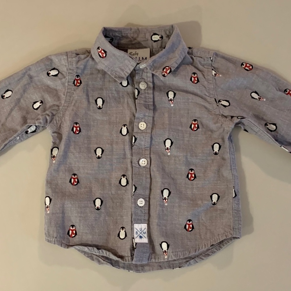 12 MONTH BABY BUM button down gray penguin shirt